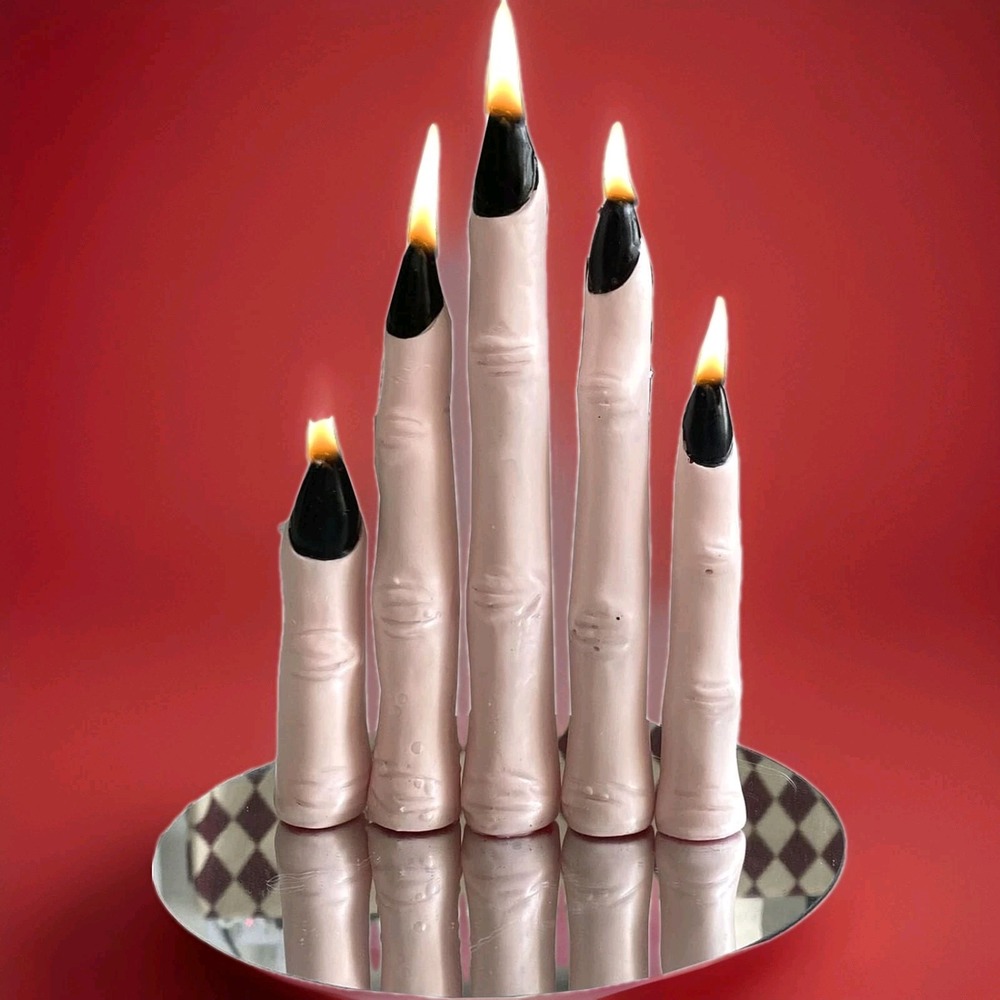 ORALEAF Halloween Witch Finger Taper Candles Set of 5 with Mirror Pink Skin Tone